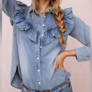 Pilcro Ruffled Chambray Buttondown